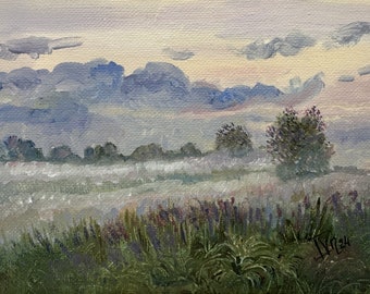 Original Oil Painting Landscape Fog Field Flowers Trees ,Forest in the Fog Hand Painted, 4.9" by 6.9" by InicaDolica
