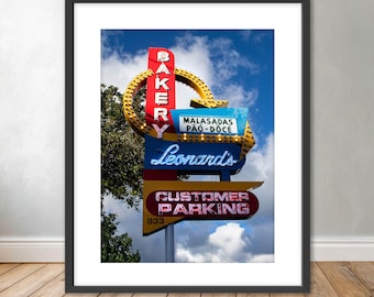 Honolulu Landmark Neon Sign Photography: Leonard's Bakery Art Deco Wall Decor Framed Print