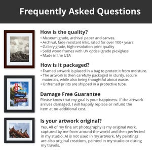 This image lists frequently asked questions about artwork quality, packaging, and my guarantee. The image displays three framed artworks. The first is a mountain landscape, the second a colorful sign, and the third a Taoist temple. Text details museum-grade archival paper, fade-resistant inks, and solid wood frames. Created by Thomas Enson.