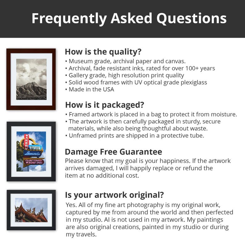 This image lists frequently asked questions about artwork quality, packaging, and my guarantee. The image displays three framed artworks. The first is a mountain landscape, the second a colorful sign, and the third a Taoist temple. Text details museum-grade archival paper, fade-resistant inks, and solid wood frames. Created by Thomas Enson.