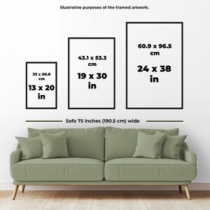 This is a photo of a green couch with illustrated frames on the wall that depict the estimated sizes of my framed artworks. This image provides an estimate for sizing the artwork. The largest framed size is 24 x 38 inches, followed by 19 x 30 inches, and 13 x 20 inches. Created by Thomas Enson.