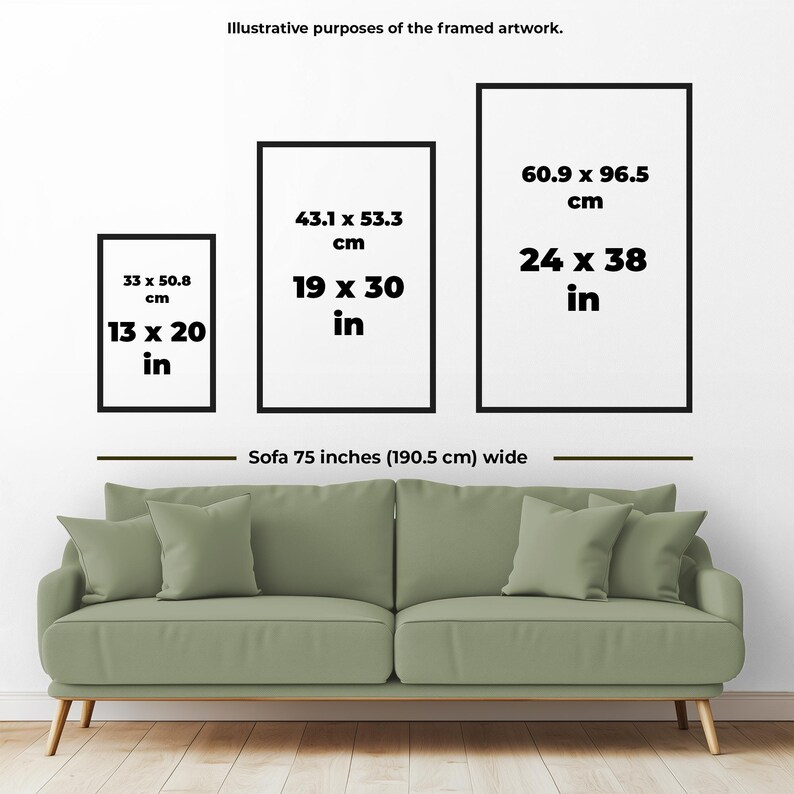 This is a photo of a green couch with illustrated frames on the wall that depict the estimated sizes of my framed artworks. This image provides an estimate for sizing the artwork. The largest framed size is 24 x 38 inches, followed by 19 x 30 inches, and 13 x 20 inches. Created by Thomas Enson.