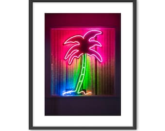 Framed Neon Palm Tree Wall Art, Color Photography, Jersey Shore Bar Man Cave Artwork, Wildwood NJ Print, Doo Wop Decor