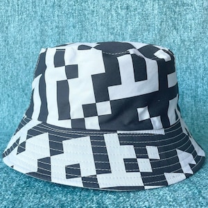 QR Print Bucket Hat, Black White Geometric Bucket Hat for Men Women, Unique Rave Clothing Accessory, Tech Gift Cyber Raver Trippy Bucket Hat