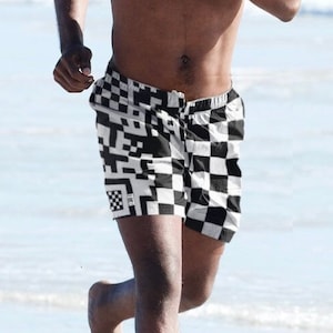 QR Code Checkered Board Shorts, Men's Festival Shorts, Geometric Pattern Swim Shorts, Psychedelic Swim Trunks, Black White Punk Board Shorts