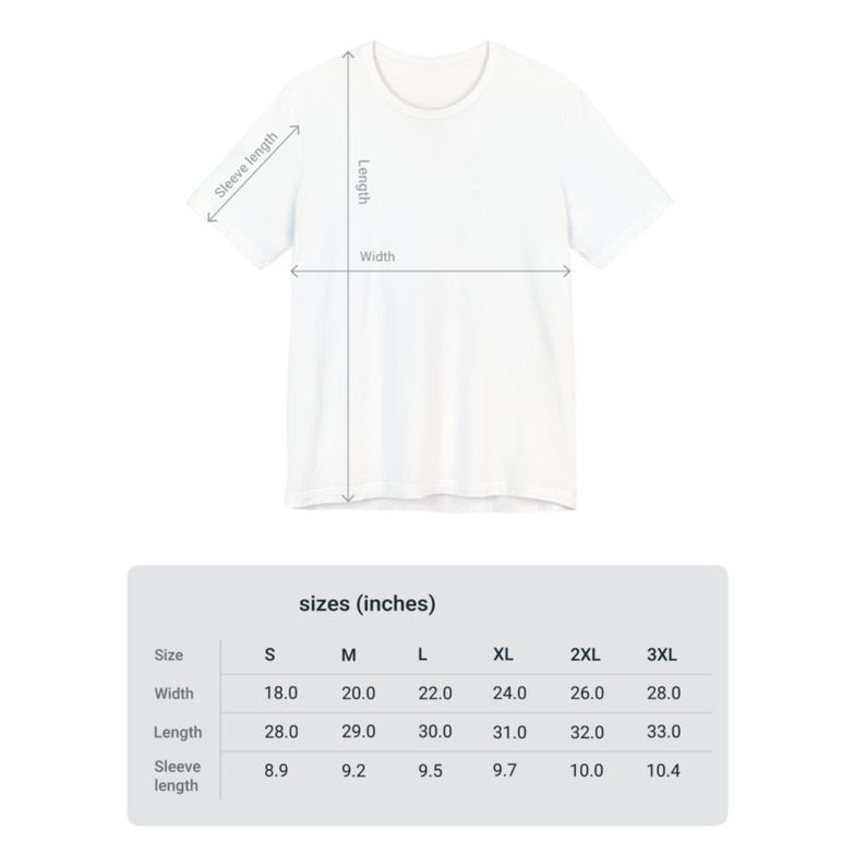 May include: Size chart for a t-shirt in sizes S through 3XL. The chart shows measurements in inches for width, length, and sleeve length.