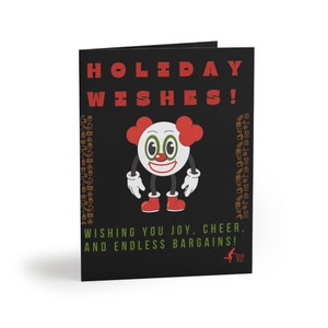Tarjeta de vacaciones de Black Friday, tarjeta de vacaciones alegres de Black Friday, payaso de cupones, tarjeta de compras, tarjeta de felicitación de broma de consumismo, Cyber Monday
