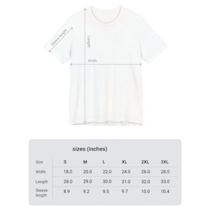 May include: Size chart for a t-shirt in inches. The chart shows the width, length, and sleeve length for sizes S, M, L, XL, 2XL, and 3XL.
