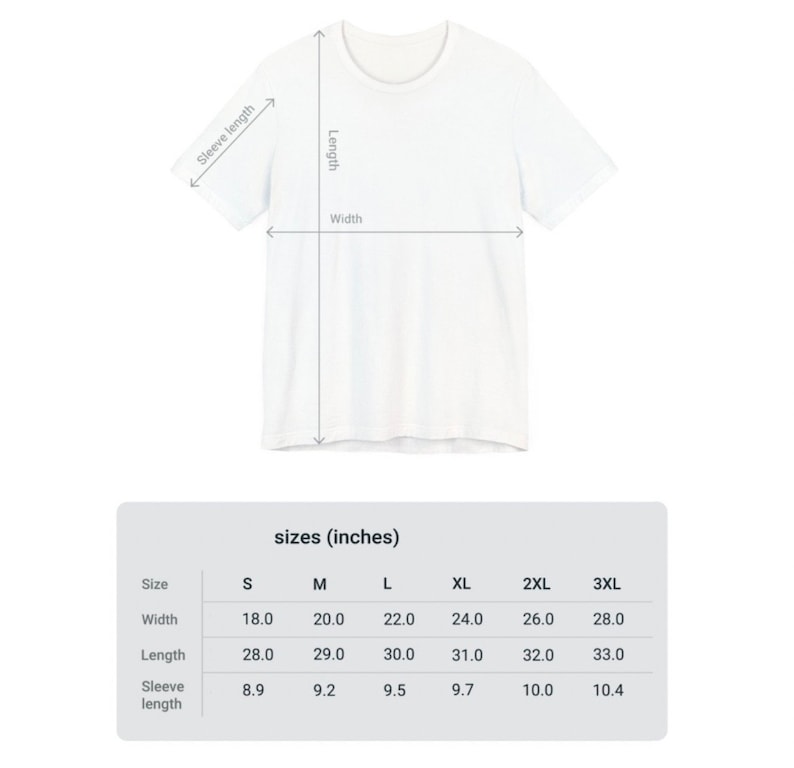May include: Size chart for a t-shirt in inches. The chart shows the width, length, and sleeve length for sizes S, M, L, XL, 2XL, and 3XL.