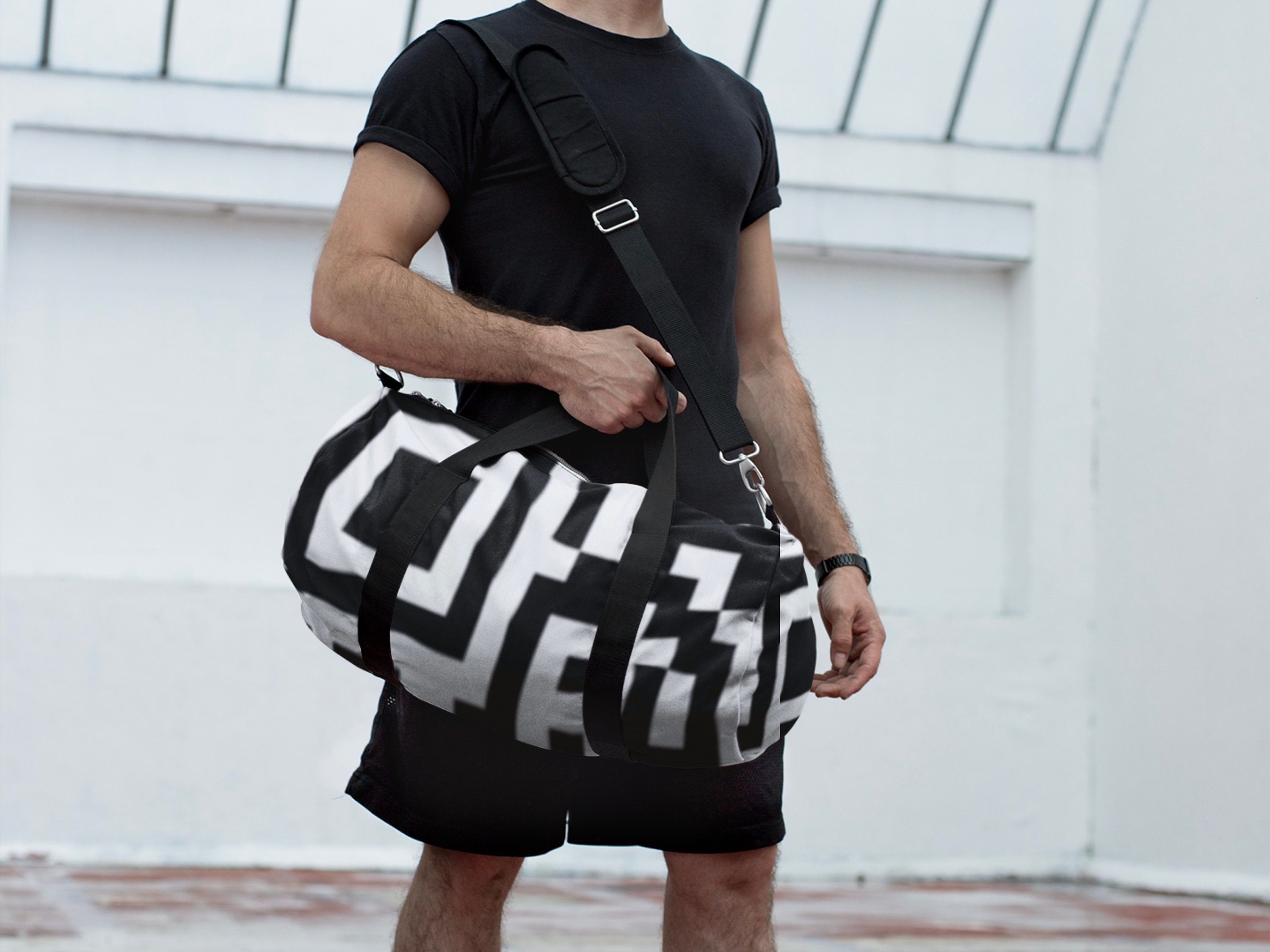 QR Print Duffel Bag, Tech Cyber Aesthetic Duffel Bag, Unique Gym Bag for Martial Artist, eSport Gamer Gift, Yoga Pack Gearbag Sport Backpack