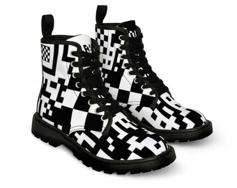 QR Checkered Women's Combat Boots, Black and White Canvas