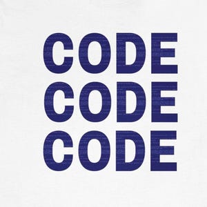 May include: White t-shirt with the word "CODE" repeated three times in a stacked pattern. The text is in a dark blue colour and has a pixelated or digital effect.