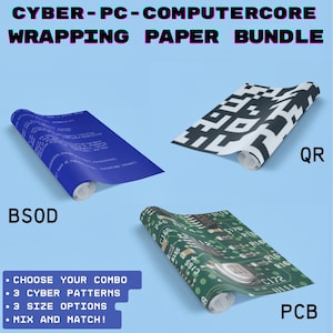 May include: Three rolls of wrapping paper with different designs. The first roll is blue with white code on it and says "BSOD". The second roll is black and white with a QR code and says "QR". The third roll is green with a circuit board design and says "PCB".