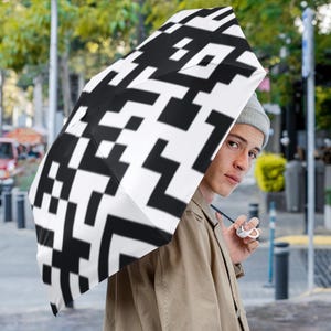 QR Code Print Umbrella Unique Trendy Accessory Stylish Foldable Umbrella Geometric Cyber Tech Inspired Gift Idea for Men Women Large Parasol