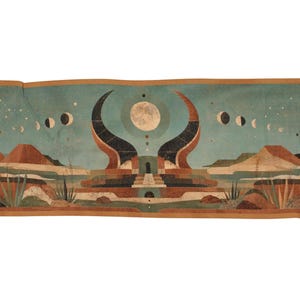 May include: A rectangular woven tapestry featuring a desert landscape with a central arched structure, two large dark curved horns, and a full moon. The scene includes a moon phase cycle across a teal sky, brown mountains, and green agave plants.