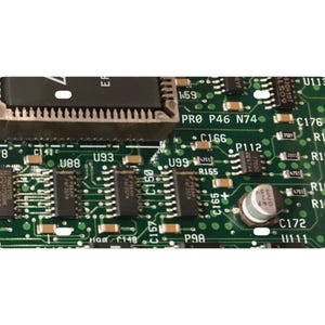 May include: Close-up of a green circuit board with various electronic components, including resistors, capacitors, and integrated circuits. The board is labeled with text such as "PRO", "P46", "N74", "C166", "P112", "U99", "R155", "C165", "U113", "C176", "R16", "C172", and "U111".