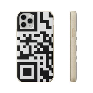 May include: A beige phone case featuring a black and white QR code design. The case has a cut-out for the phone's camera lens.
