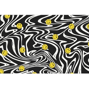 Könnte beinhalten: Schwarz-weißes Wirbelmuster mit gelben Smileys.
