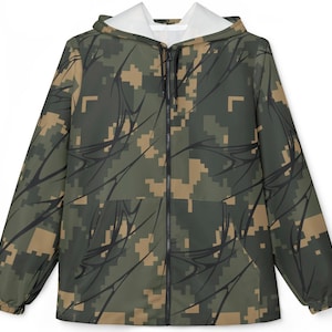 Cyber Sigil Camo Windbreaker Jacke, Digital Camouflage Regenjacke mit Kapuze, Techwear Kleidung, Militärjacke Oberbekleidung, Armee Streetwear Mantel
