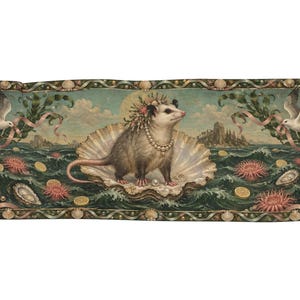 Puede incluir: Un tapiz rectangular tejido que presenta un opossum central con una corona de flores y un collar de perlas, de pie dentro de una gran concha abierta. La escena incluye olas del mar, anémonas rosadas, ostras y dos gaviotas en vuelo.