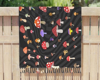 Trippy Mushroom Trance Pashmina, Abstract Psychedelic Boho Raver Scarf Festival Shawl Wrap, Unique Rave Clothing Accessory Women Men EDM
