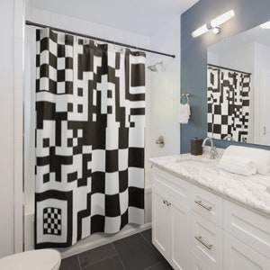 Abstract Shower Curtain, QR Checkered Shower Curtain, Black and White Bathroom Decor, Unique Bath Curtain, Dorm or Home Checkerboard Bathtub