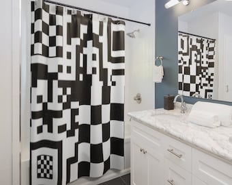 Abstract Shower Curtain, QR Checkered Shower Curtain, Black and White Bathroom Decor, Unique Bath Curtain, Dorm or Home Checkerboard Bathtub