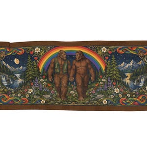 May include: A rectangular woven tapestry featuring two brown Sasquatch figures holding hands under a vibrant rainbow. The scene includes a starry night sky, snow-capped mountains, waterfalls, pine trees, and colorful wildflowers with a brown border.