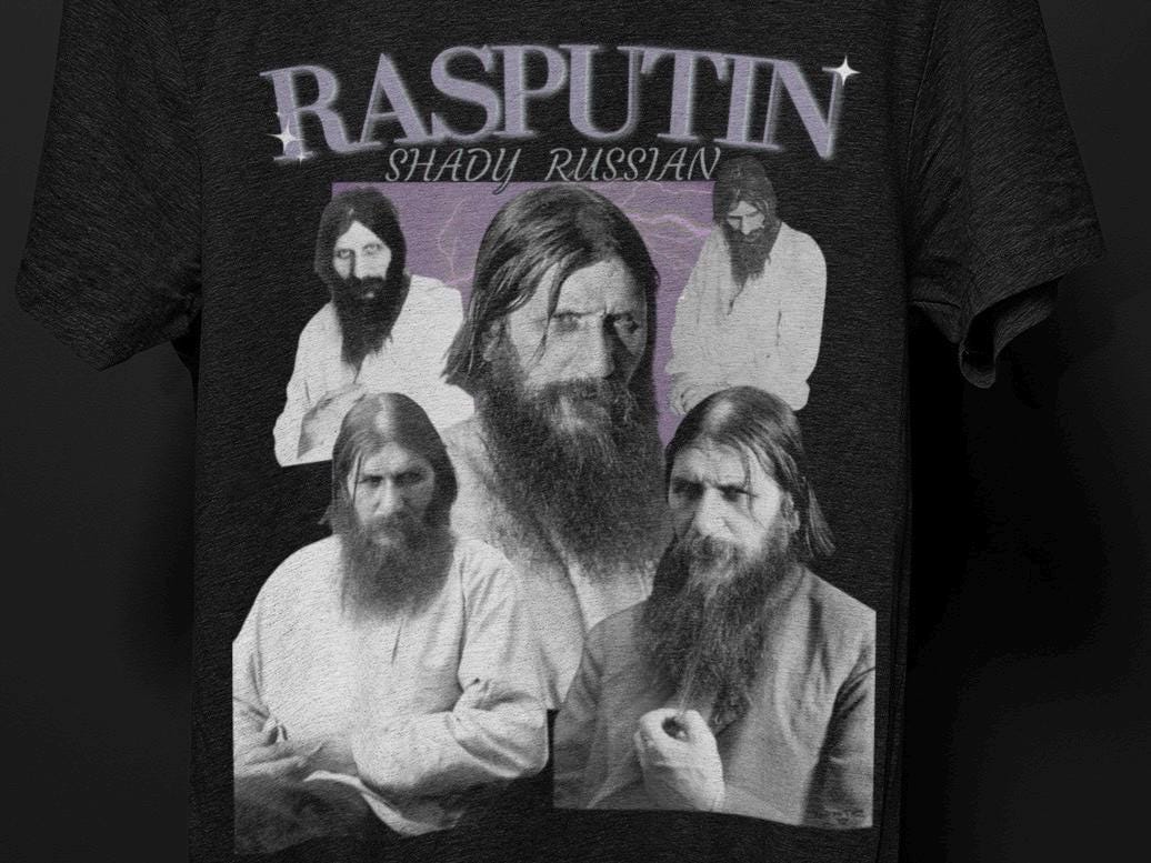 ラスプーチンTシャツ（男女兼用）、歴史的で皮肉なレトロなロシアT