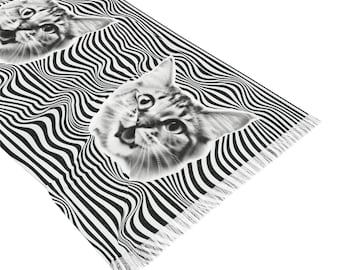 Psychedelic Cat Pashmina, Trippy Abstract Trance Boho Raver Scarf Festival Shawl Wrap Unique Rave Clothing Accessory Women Men EDM Psytrance