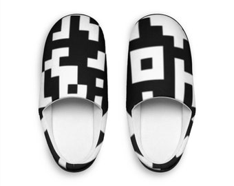 QR-print pantoffels voor heren, comfortabel binnenschoeisel Pyjamakleding Cadeau Tech Geeky PJ Nerdy Winterhuiskleding Geometrisch Zwart Wit Slipper