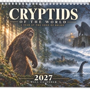 Puede incluir: Un calendario de pared 2027 titulado CRYPTIDS OF THE WORLD A YEAR AT THE EDGE OF BELIEF. La portada muestra una gran criatura peluda de color marrón en un bosque, una criatura alada sobre un puente de piedra y una criatura de cuello largo en un lago.