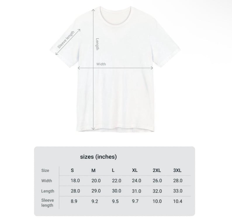 May include: A white t-shirt with measurements for width, length, and sleeve length. The size chart shows measurements in inches for sizes S through 3XL. The width ranges from 18.0 to 28.0 inches, length from 28.0 to 33.0 inches, and sleeve length from 8.9 to 10.4 inches.