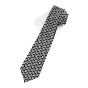 May include: A black and white patterned tie with a repeating pattern of the word "best".