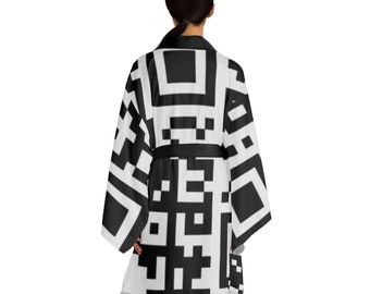 Kimono con código QR, bata japonesa geométrica fluida para hombre y mujer, ropa de estar por casa alternativa y elegante, pijama tipo bata único, accesorio alternativo para raves cyberpunk