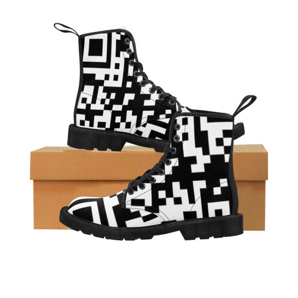 Black White Speckled QR Print Boots, Cyber Zebra Print Women's Canvas Boots, Punk Rocker Boots, Checkered Shoes, Asymmetric Pattern Footwear