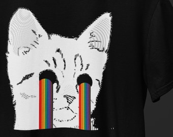 Camiseta de gato psicodélico, camiseta psicodélica de gato triste arcoíris para hombre y mujer, camiseta de gato punk grunge emo, regalo raver, orgullo LGBTQ, alt-weirdcore felino
