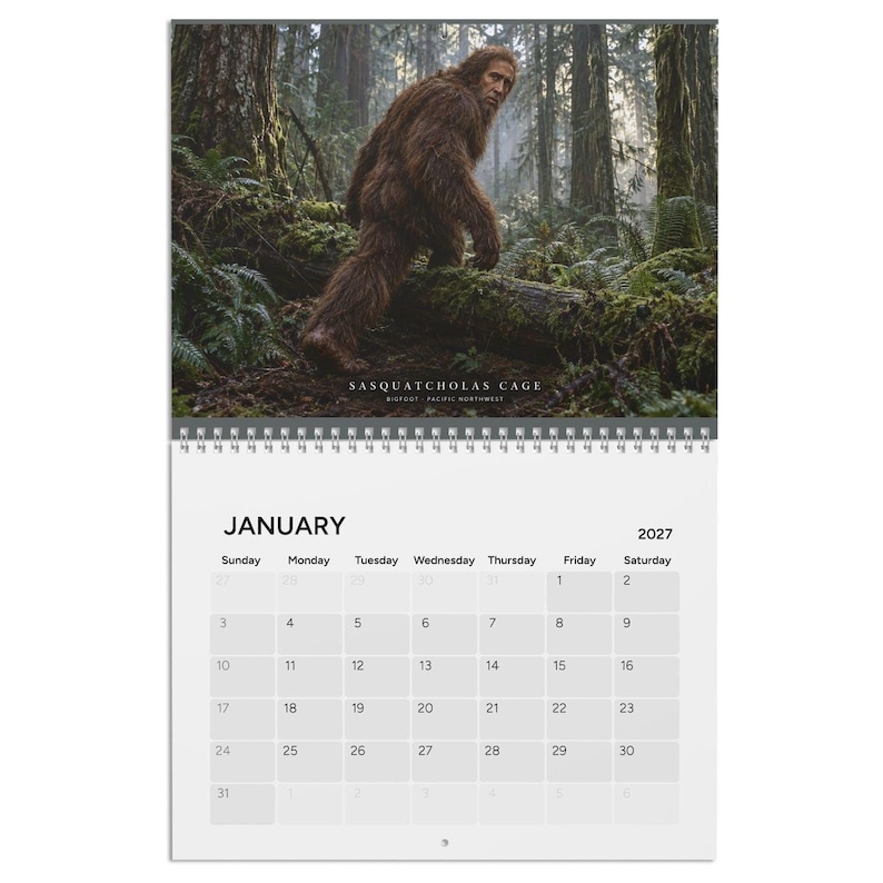 Nicolas Cage Cryptid Calendar, Funny Bigfoot, Mothman, Nessie 2027 Wall Calendar, Absurd Gag Gift, Yankee Swap, Humorous White Elephant Gift image 4