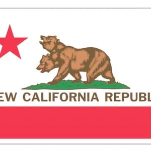 May include: A white flag with a red star in the upper left corner. A brown bear with two heads is walking on a green patch of grass. The words "NEW CALIFORNIA REPUBLIC" are printed in brown letters below the bear. The bottom of the flag is red.