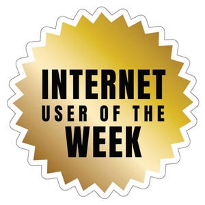 May include: A gold star-shaped sticker with the text "INTERNET USER OF THE WEEK" in black.