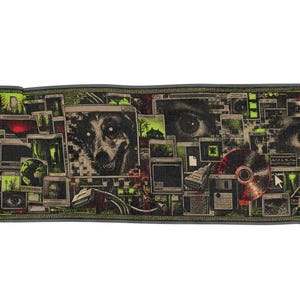 May include: A rectangular woven throw blanket featuring a dark, glitch-style digital collage. The design includes multiple computer window frames, a grinning dog face, human eyes, a red compact disc, a floppy disk, and cursor arrows in green.