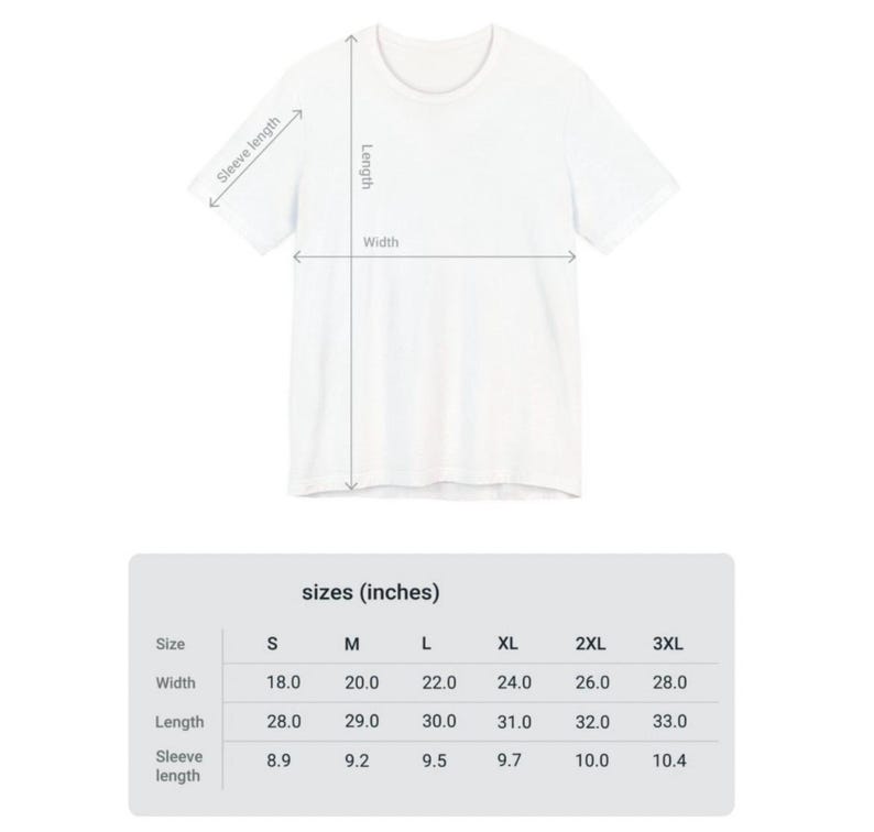 K&ouml;nnte beinhalten: Ein wei&szlig;es T-Shirt mit Ma&szlig;en f&uuml;r Breite, L&auml;nge und &Auml;rmell&auml;nge. Die Gr&ouml;&szlig;entabelle zeigt die Ma&szlig;e in Zoll f&uuml;r die Gr&ouml;&szlig;en S bis 3XL. Die Breite reicht von 45,7 cm bis 71,1 cm.