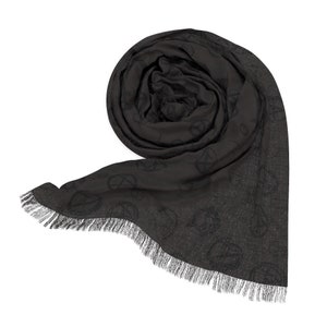 May include: A black scarf with a fringed edge and a repeating pattern of pentagrams.