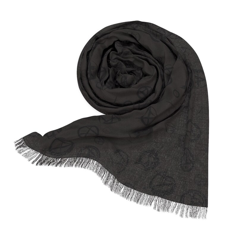 May include: A black scarf with a fringed edge and a repeating pattern of pentagrams.