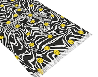 Trippy Smiley Zebra Trance Pashmina, Abstract Psychedelic Boho Raver Scarf Festival Shawl Wrap, Unique Rave Clothing Accessory Women Men EDM