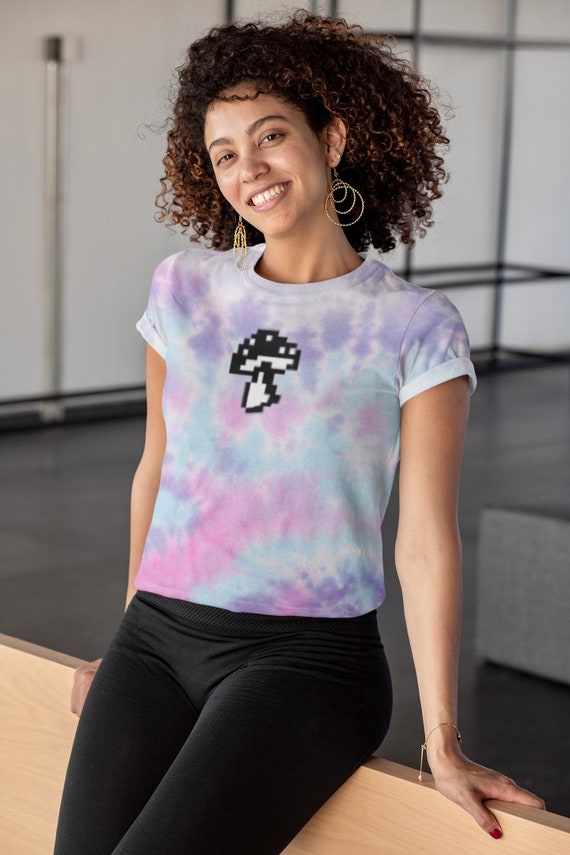 Cute Pixel Mushroom Galactic Purple Tie-dye Crop Top, Boho Crop
