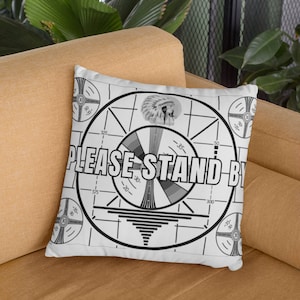 Classic Vintage Please Stand By White Pillow, Classic Indian-Head Test Pattern Pillow, Error No Signal Test Pattern Television Decor Pillow