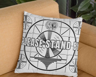 Classic Vintage Please Stand By White Pillow, Classic Indian-Head Test Pattern Pillow, Error No Signal Test Pattern Television Decor Pillow