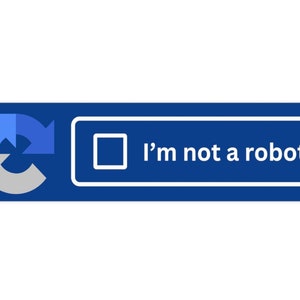 May include: A blue rectangular graphic with a white border. It features a refresh icon and a checkbox with the text "I'm not a robot" in white.
