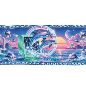 May include: A rectangular woven tapestry featuring a surreal scene with two dolphins leaping from a vintage computer monitor. The background displays a sunset over an ocean with floating metallic spheres, classical stone pillars, and waves.